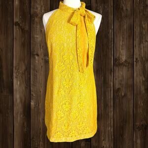 Vince Camuto Bow Neck Halter Lace Dress Sz 14 Lined Wedding Evening Goldenrod